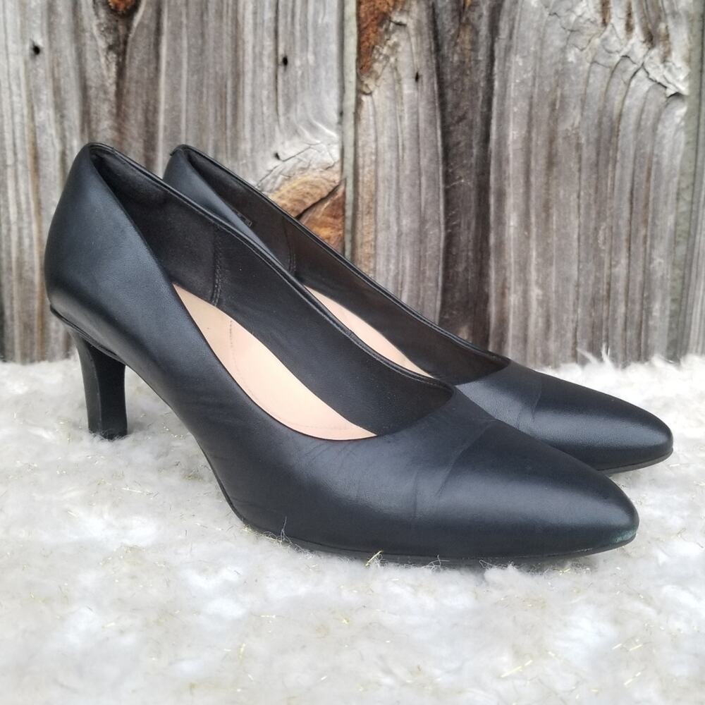 Black Work Pumps Clarks Artisan Calla Rose Size 9 Leather Comfort Cushion Heels